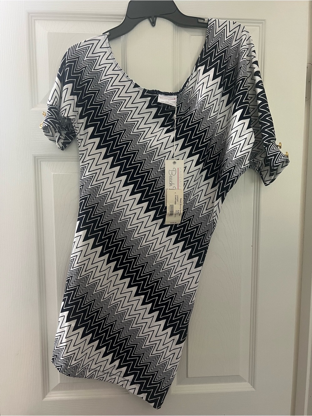 Beach Bunny Black and White Zigzag Short Sleeve Top with Gold Buttons